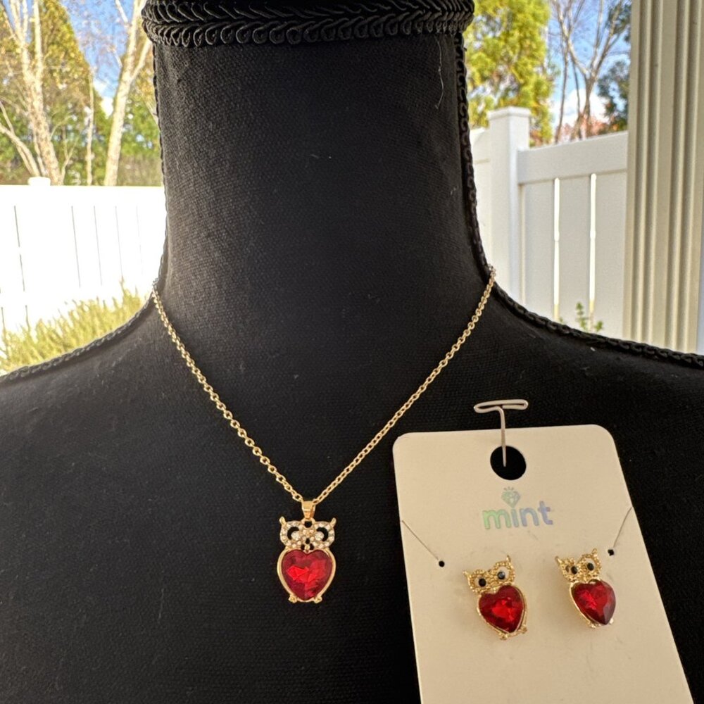 Mint Rhinestone Owl Set Necklace & Earrings Set Red Gold Bling CZ NEW Costume